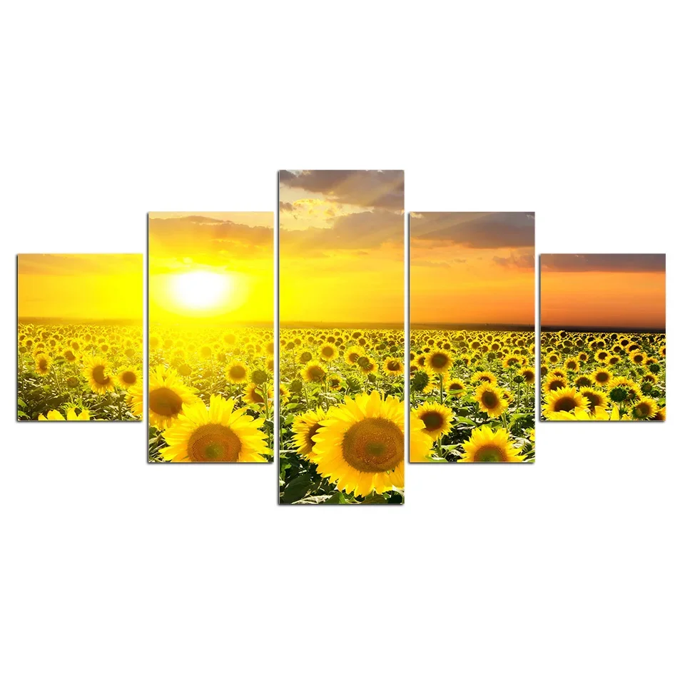 No Framed 5Piece Sunflower Sunset Golden Flower Field Decorative Wall Art Canvas Posters for Living Room Home Decor Paintings