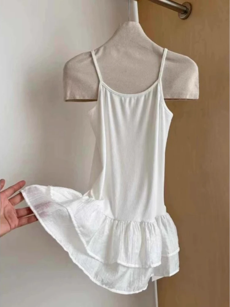 2026 Summer Harajuku Slim Fit Ruffled Vest White Sweet Fairy Grunge Backless Camisole Y2k Aesthetic A-line Patchwork Top