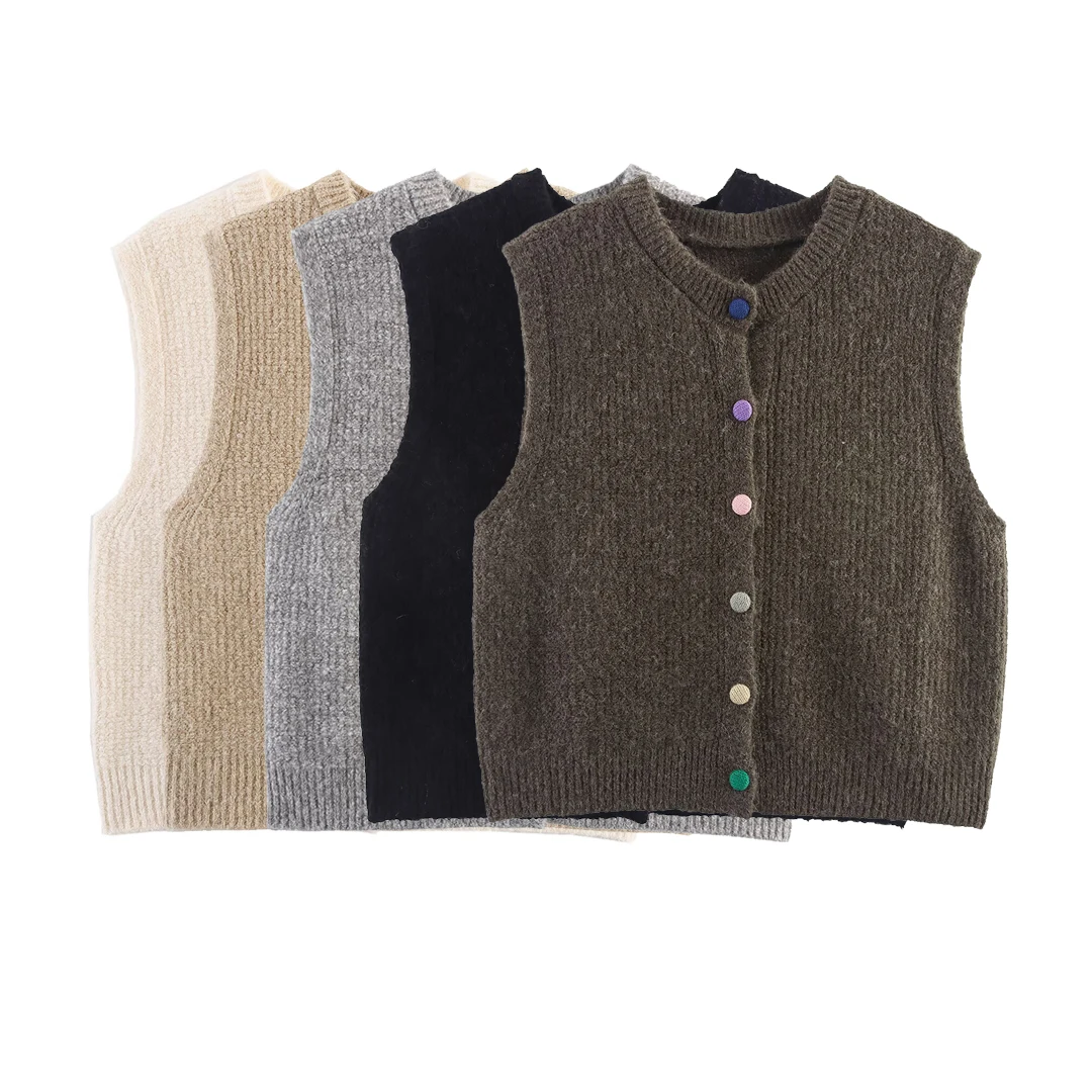

Topenomi Casual Knitted Vest Women Simple Round Neck Colorful Button Sleeveless Sweater Autumn Winter Lazy Versatile Cardiagn