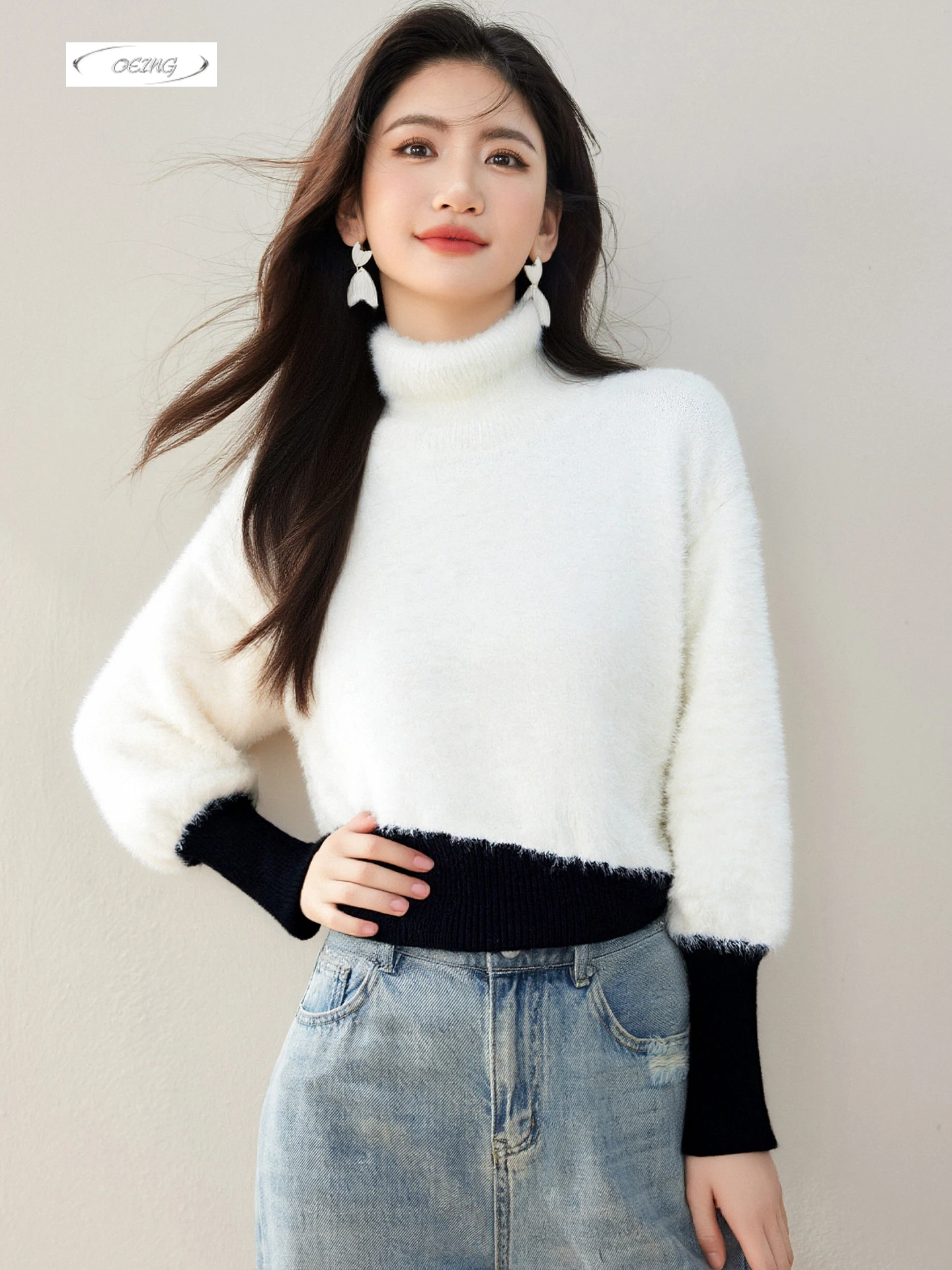 

Женский модный черный сращенный белый свитер с воротником для женщин, зимний новый элегантный теплый вязаный пуловер с длинными рукавами, джемпер 9721