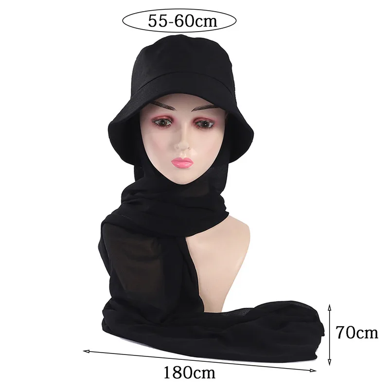 New Muslim Women Bucket Hat With Chiffon Hijabs Summer Sports Cap With Chiffon Hijab Ready To Wear Instant Hijab Islam Headscarf