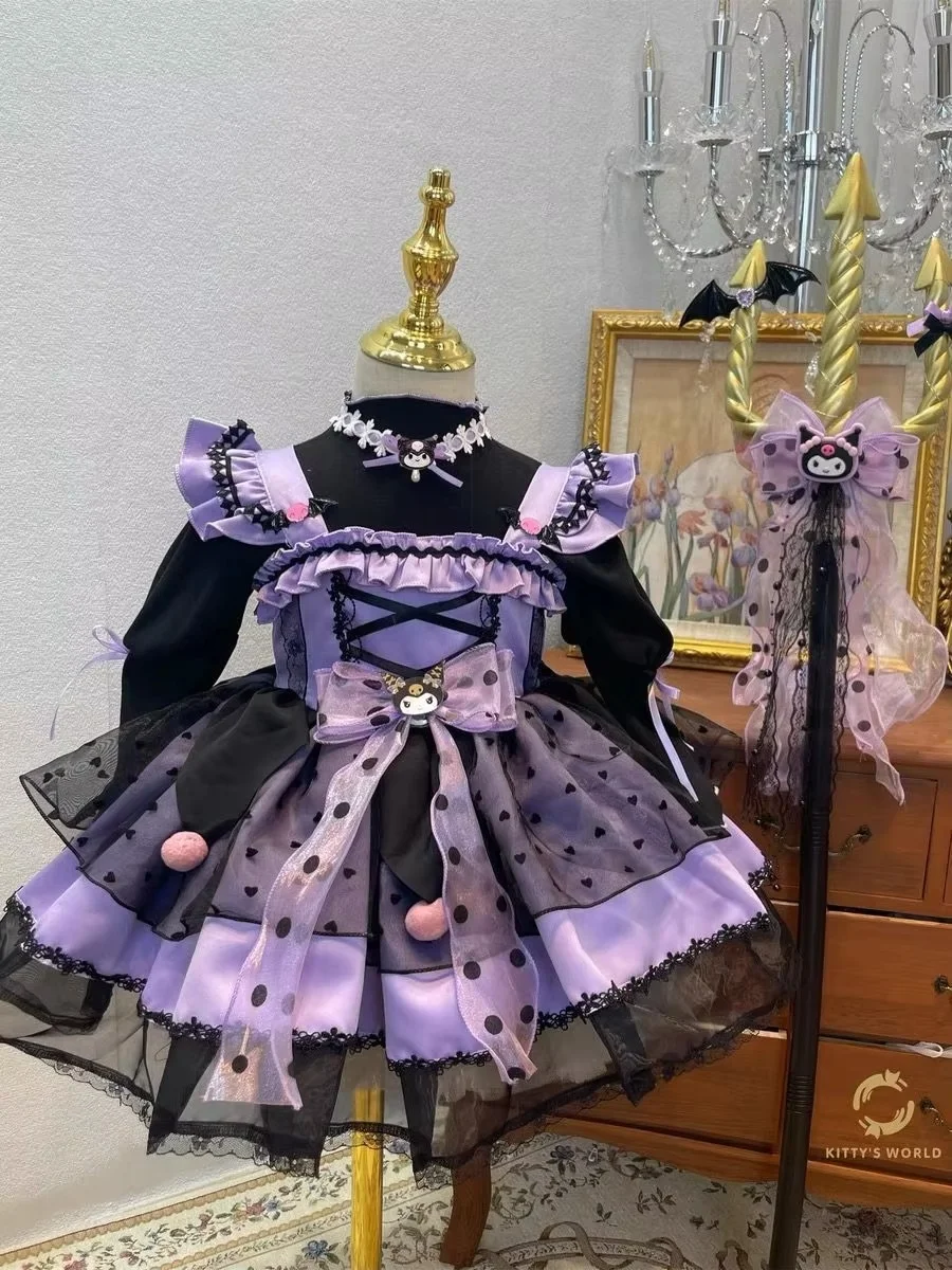 ロリータプリンセスドレス,女の子の服,蝶ネクタイプリント,カワイイクロミファッション,サンリオ,ハロウィーン,クリスマスプレゼント,パーティー