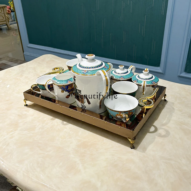French solid wood coffee table, European living room marble small apartment neoclassical carved table