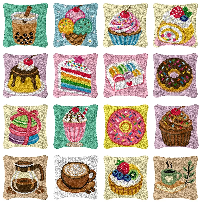 Kits de ganchillo para cojines con diseño de pastel de helado, Smyrna kussen, Knopen, Knoopkussen Pakket, Coussin, Loquet Kussen Haken