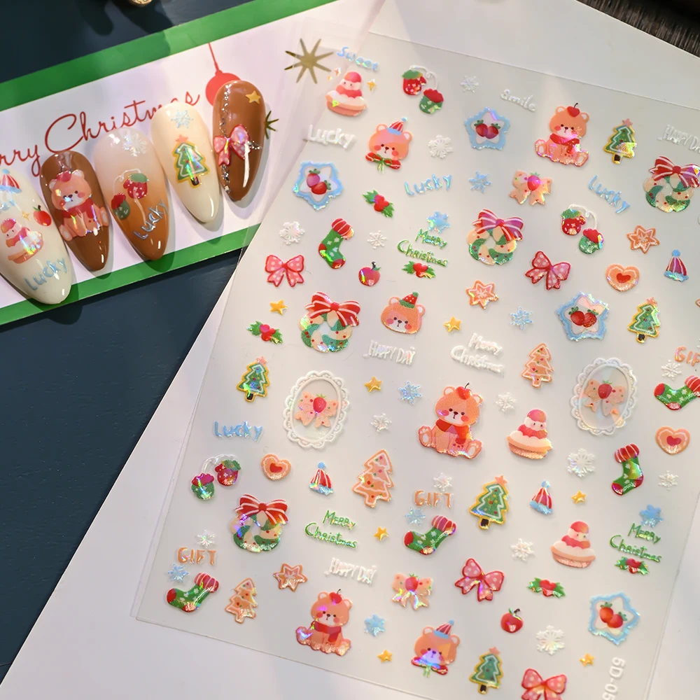1Pc 5D Geprägte Rosa Weihnachten Baum Kranz Nagel Aufkleber Schneeflocken Bogen Glocke Weihnachten Socke Nagel Aufkleber Selbst-klebe maniküre Slider