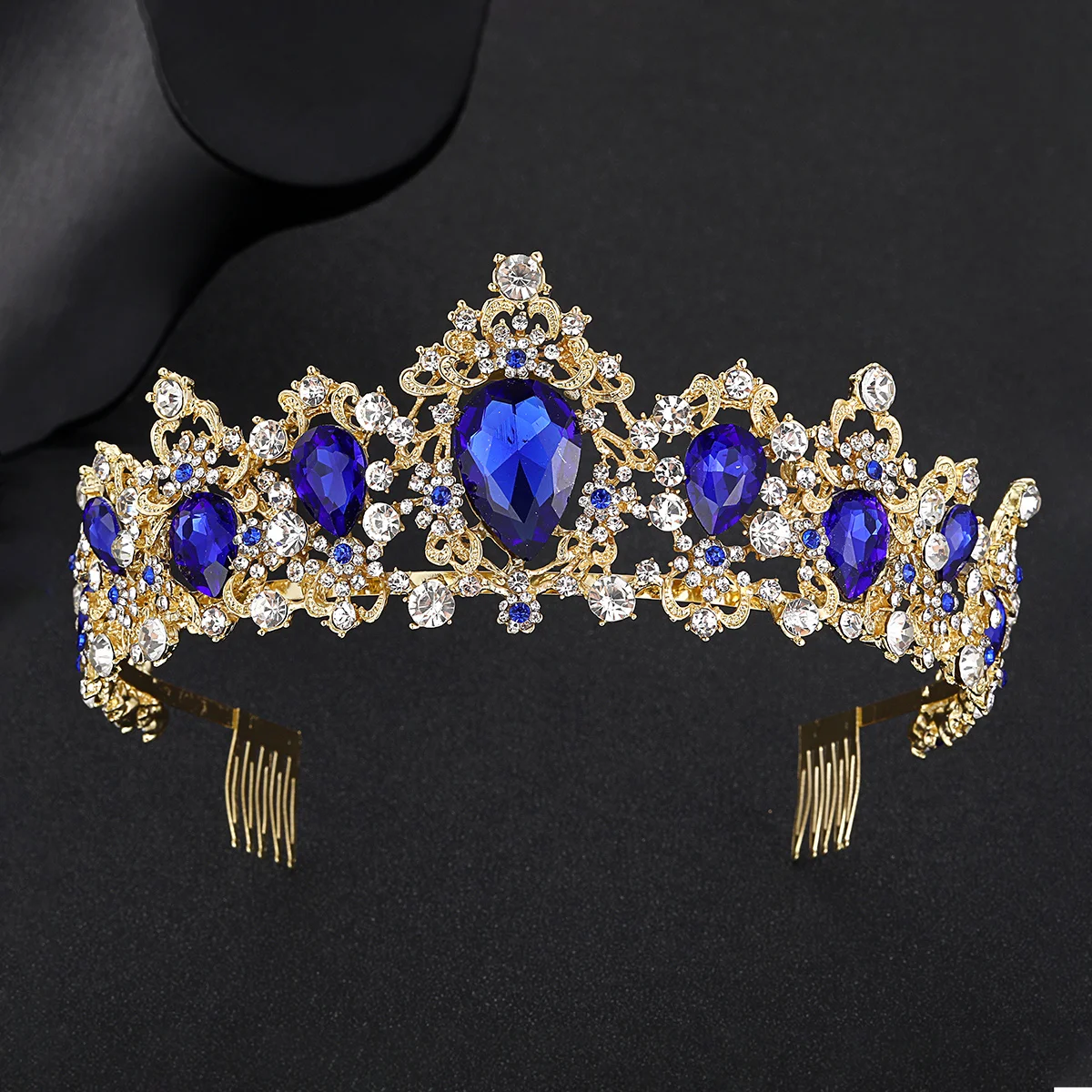 

Crystal Rhinestones Bridal Crown Elegant Large Tiara For Wedding Party Cosplay Blue Free Size Lightweight Secure Fit Crown With