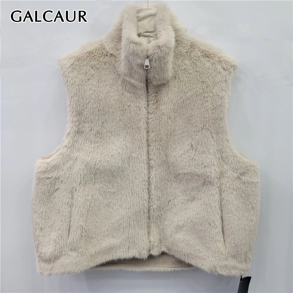 

GALCAUR Solid Spliced Fur Korean Jacket Female Stand Collar Sleeveless Loose Light Luxury Women's Jackets Autumn Style Fashion