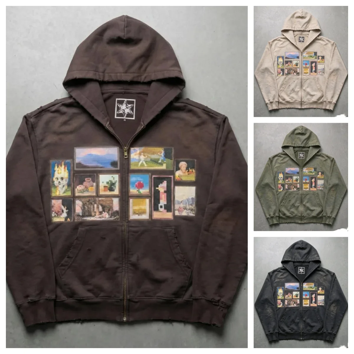 Y2K Retro Brown Washed Hoodie Pixel Paint Print Gallery Zipper Sweatshirt Trendy Distressed Streetwear Unisex Oversize Clothing