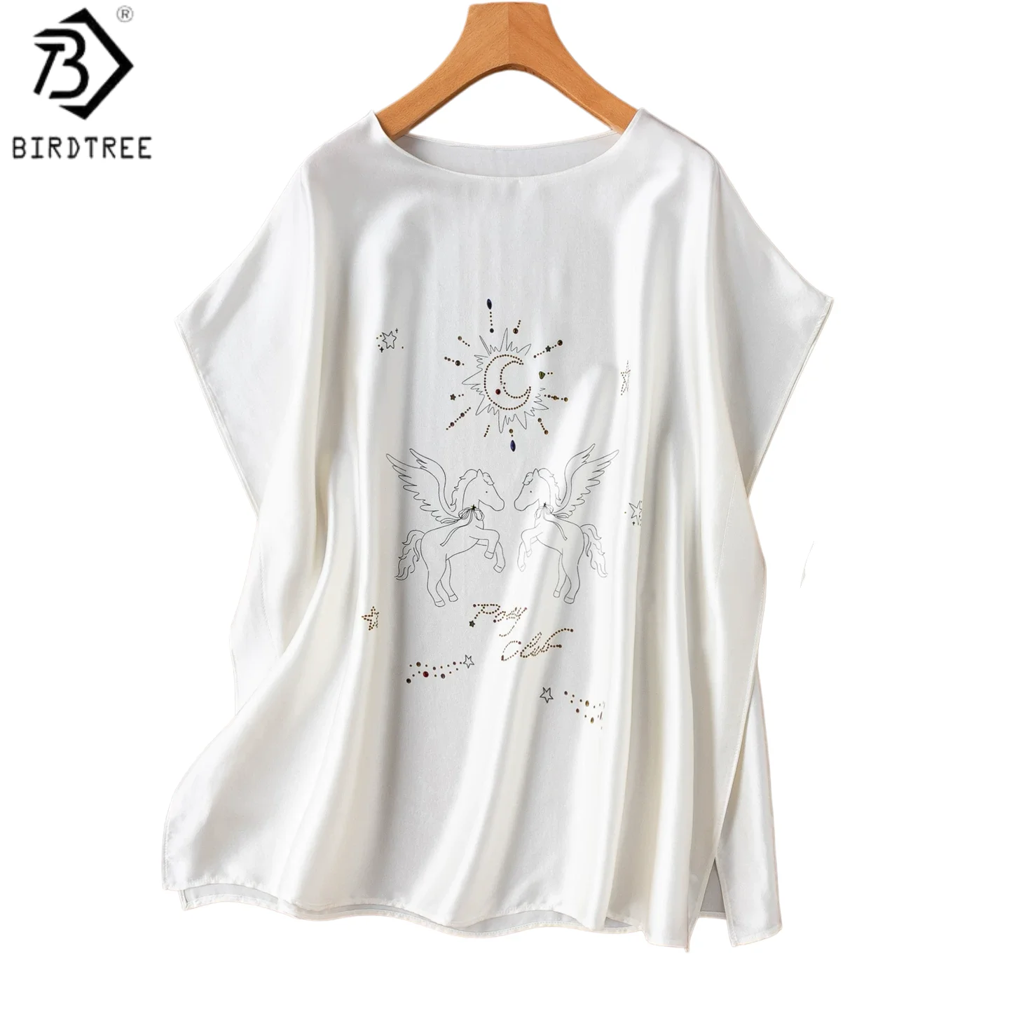 

Birdtree, 93% Silk 7% Spandex Tshirt, Batwing Sleeve Slash Neck Tops, Women's Plain Satin Print Shirt, 2026 Summer New T65531JF