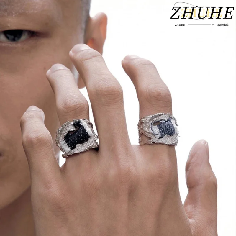 

ZHUHE A Futuristic And Androgynous Denim Spliced Open Ring Jewelry Accessory