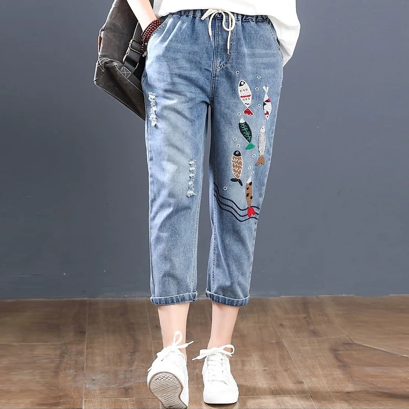 Famous brand jeans Vintage Hole star Embroidery Ankle-length Denim Jeans Female Casual Loose Harem Pant Trousers Cloth