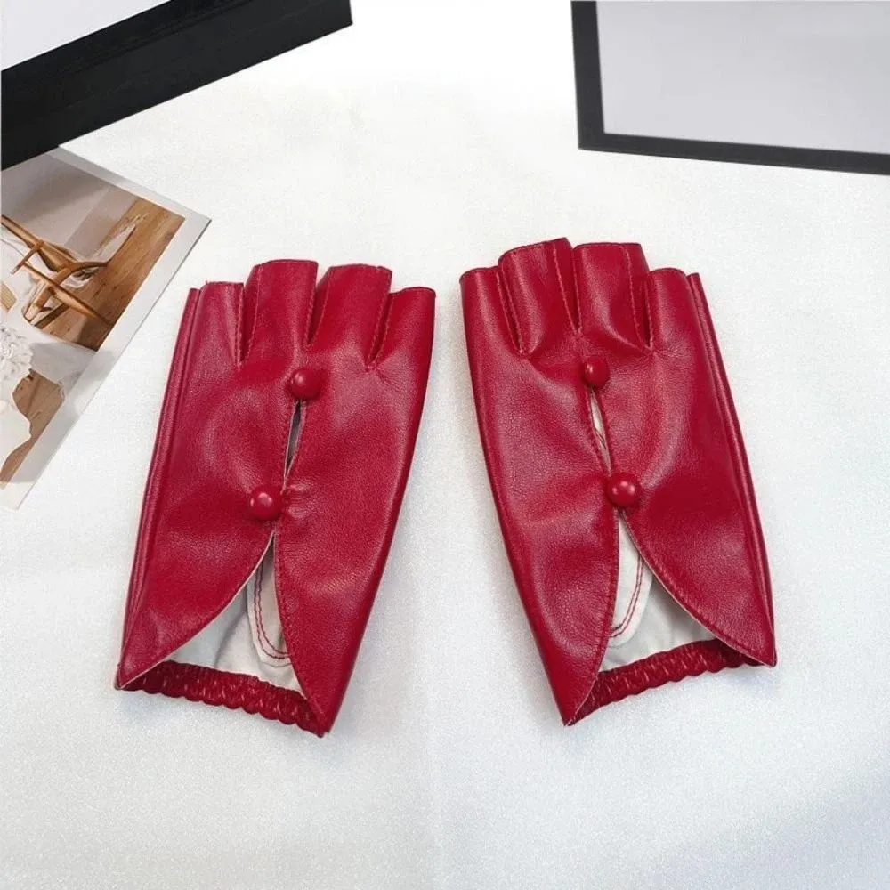 PU Leather Women Leather Gloves Button Hole Palm Guard Half Finger Gloves Anti-Slip Breathable Leather Gloves Performance