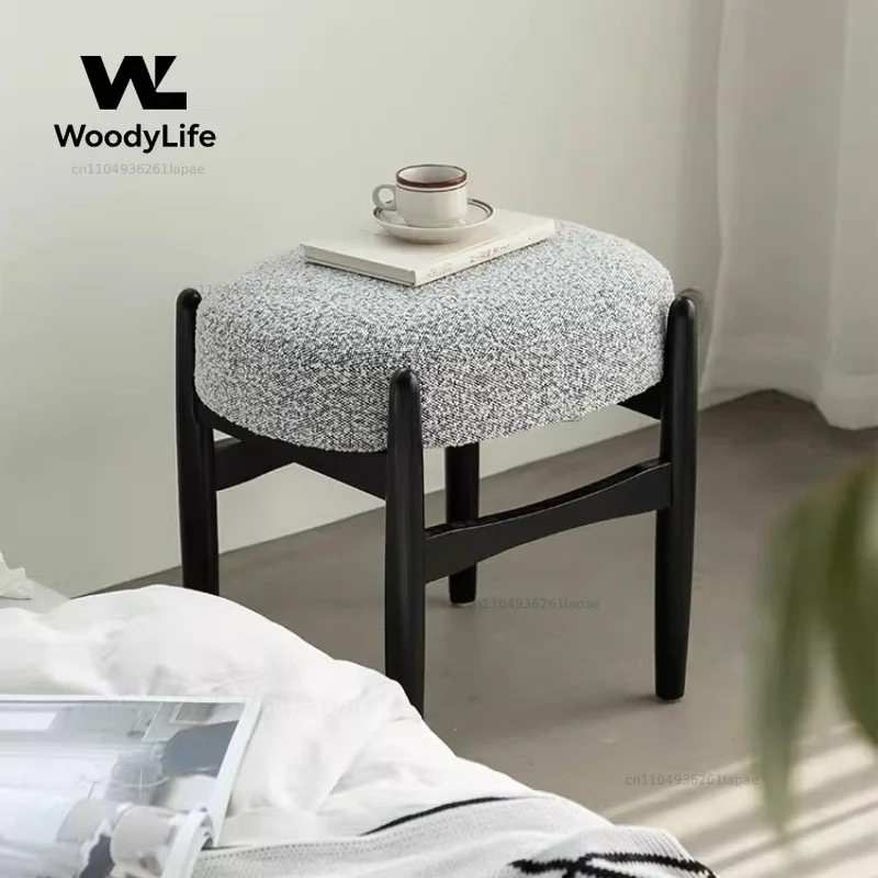 Simple Upholstered Makeup Stool Backless Vanity Chair for Small Apartment Solid Wood Low Bench Entryway Shoe Changing Ottoman