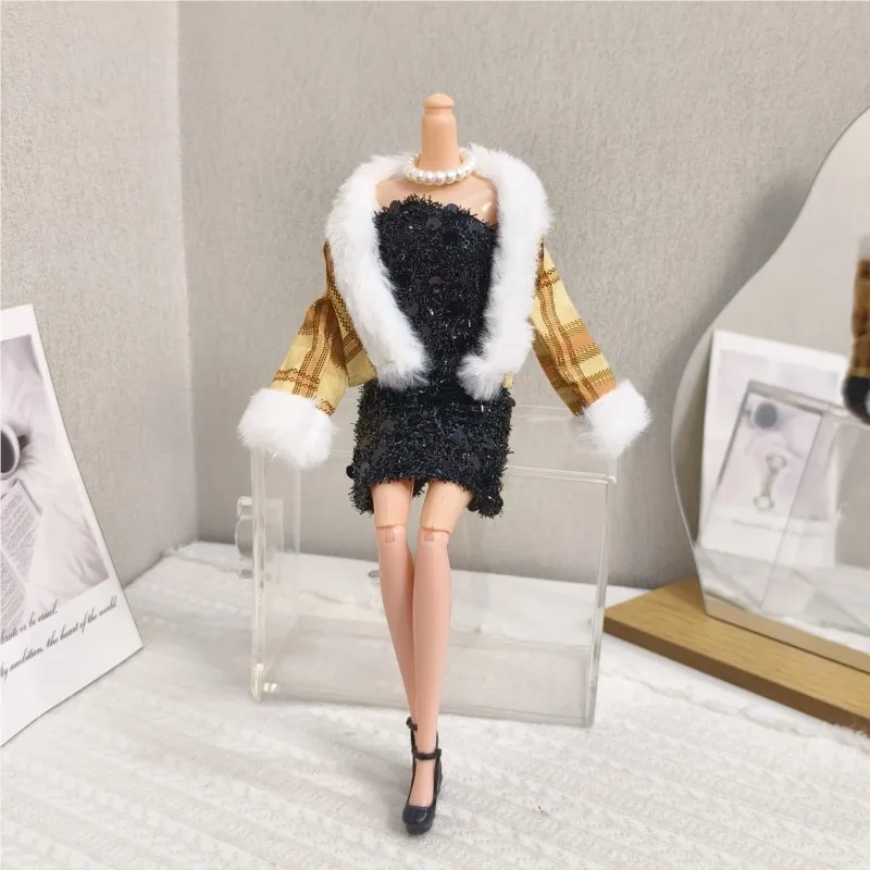 New 1/6 BJD FR Supermodel Doll Clothing Winter Plaid Furry Jacket+Sequin Dress+High Heels Set For 30cm Doll Clothes Accessories