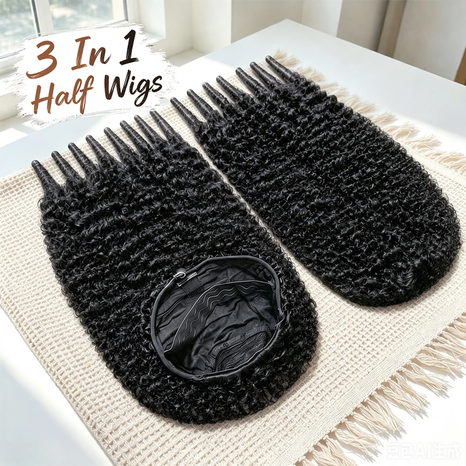 Burmese Curly Half Wig Human Hair 30 Inch Machine Half Wigs for Black Women 220% Density Kinky Curly 3 In 1 Breathable Cap Drawstring Seamless Flip Over Human Hair Half Wigs