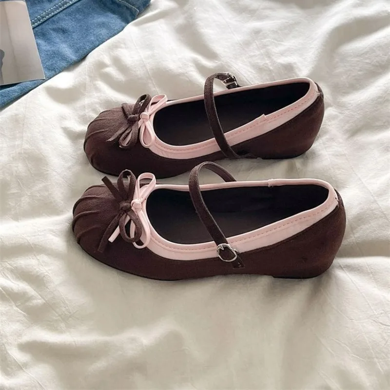 Women French Bow Mary Jane Shoes Fashion Butterfly‑Knot Color Mix Internal Elevation Sweet Shallow Women Casual Single Footwear