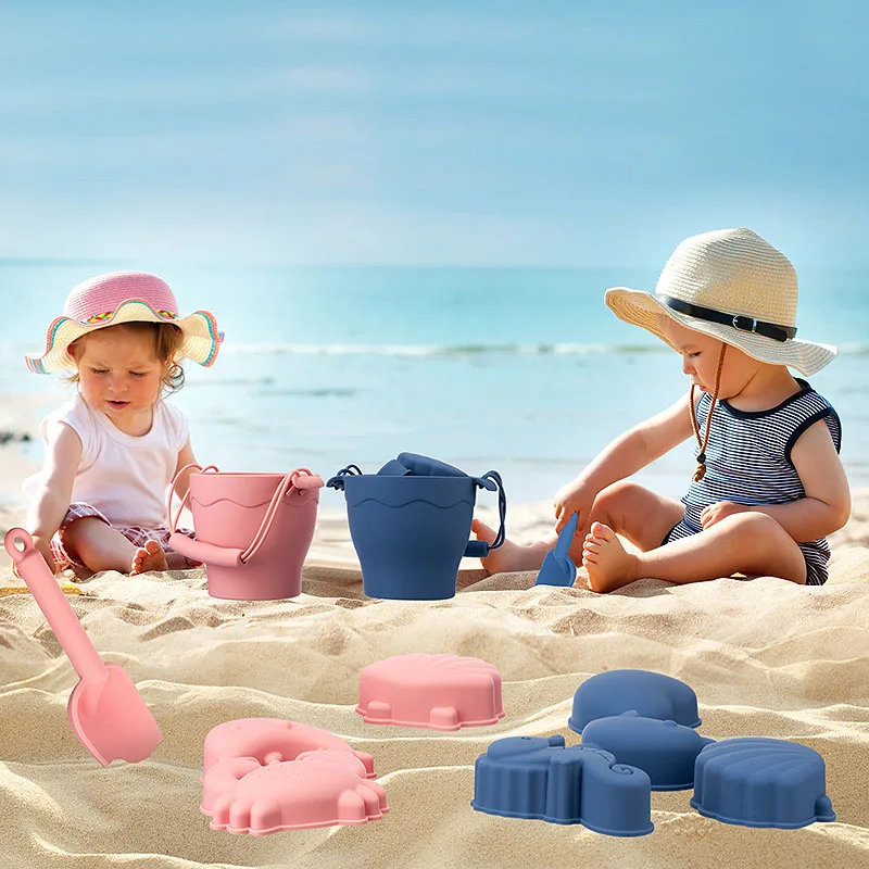 8pcs Beach Toys children\'s beach toys, silicone bucket, parent-child interaction, sand digging, shovel, and water playing toys