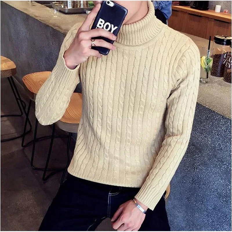 BROWON Korean Fashion Men Turtleneck Sweater Winter New Solid Color Soft Warm Twisted Sweater Slim Fit Turtle Neck Men Clothes