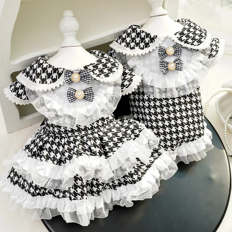 

Cute Pet Dog Pet Dress Bow Summer Princess Dress Dog Cat Houndstooth Traction Lace Stitching Dress Pet Clothes XS-4XL Size