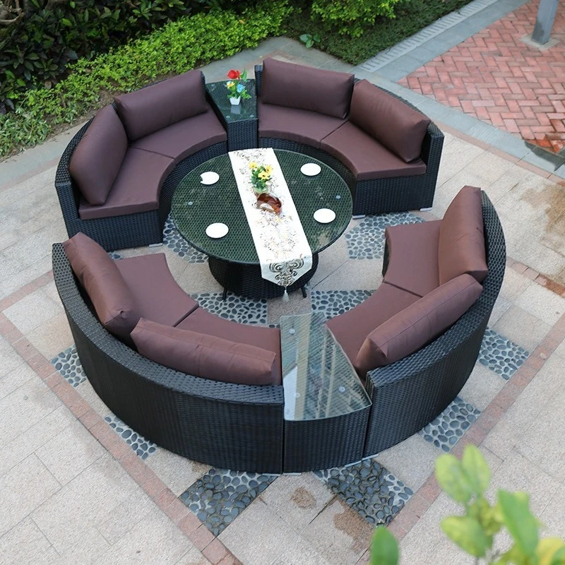 Semi-Circle PE Rattan Modular Outdoor Sofa Aluminum Frame Patio Furniture With Round Coffee Table For Villa Garden Homestay