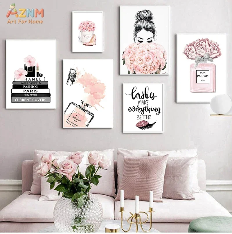 AZNM Pink Fashion Perfume Makeup Canvas Wall Art, Frameless Canvas Print Girl Boss Floral High Heel Beauty Quote Art for Bedroom