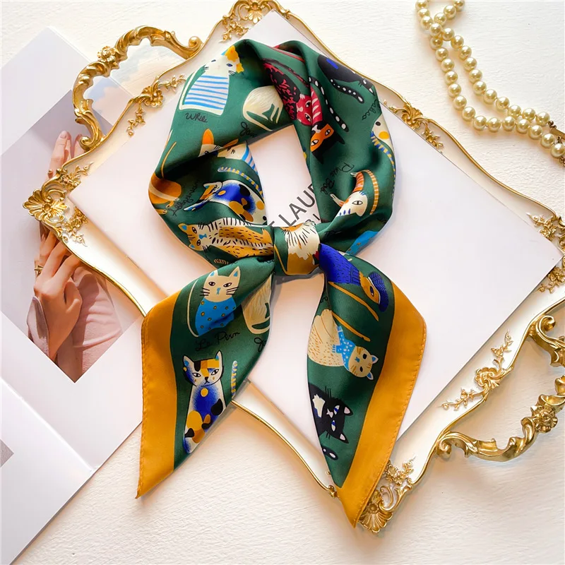 Luxury Brand Fashion Summer Silk Square Scarf Women Cat Satin Neck Hair Tie Band Beach Hijab Head Female Foulard 70x70CM