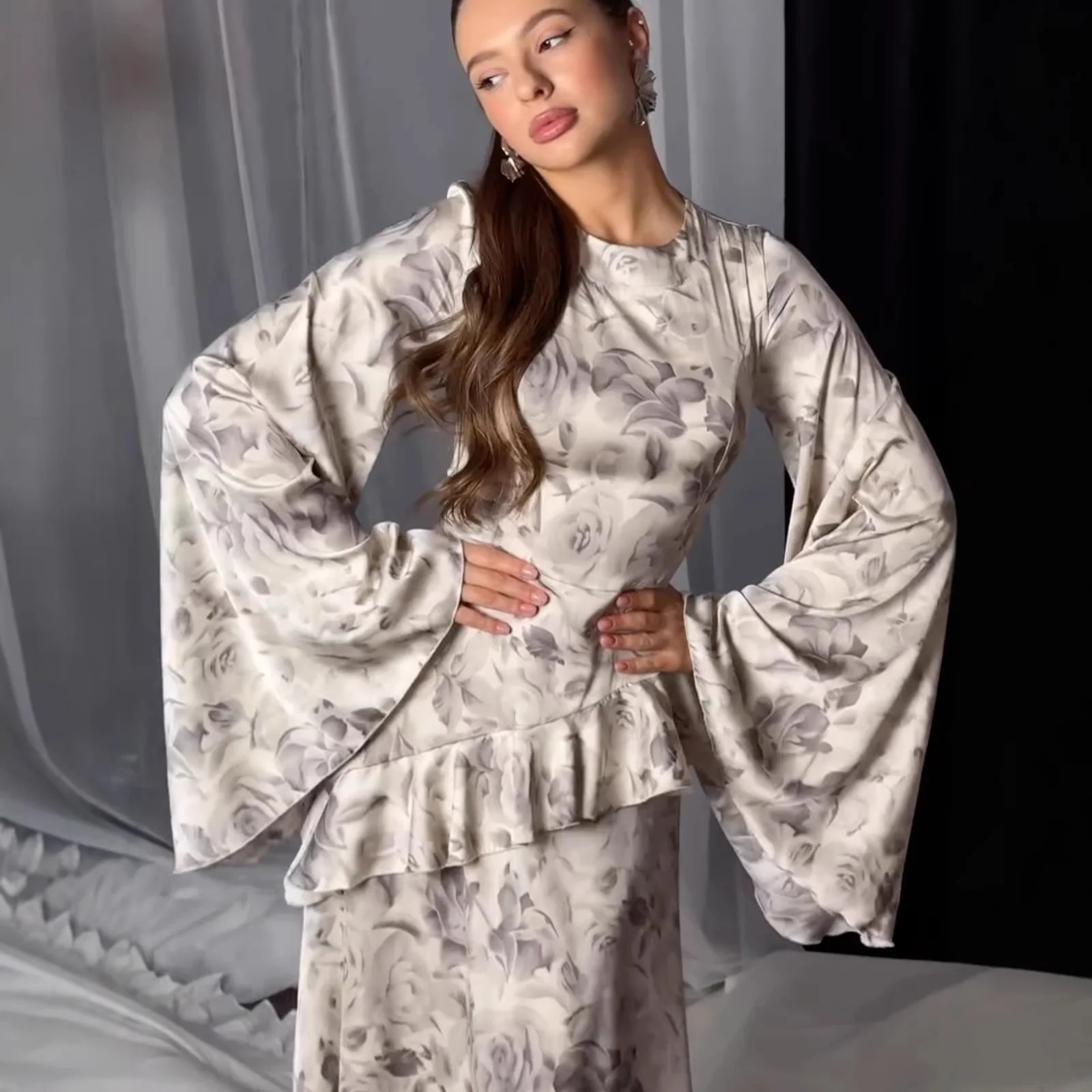 

European Style Design Dress Dresses Round Neck Spring Summer Print Long Dress Women Casual Elegant Matching Set