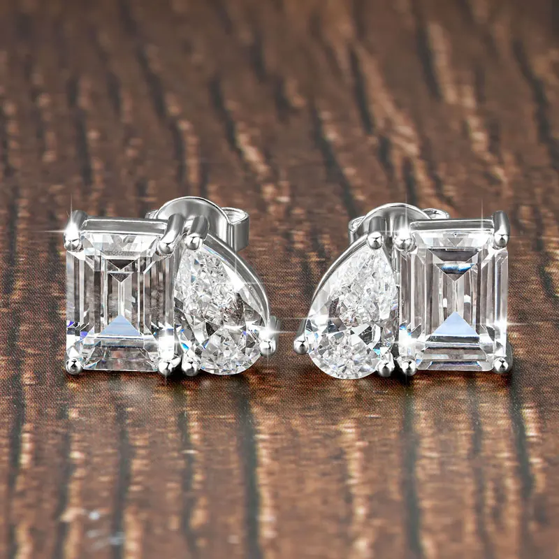 Lnngy Transparent Emerald & Pear Cut Cublic Zircon Earrings for Women Exquisite Two Stone Design Stud Earring Delicate Jewelry