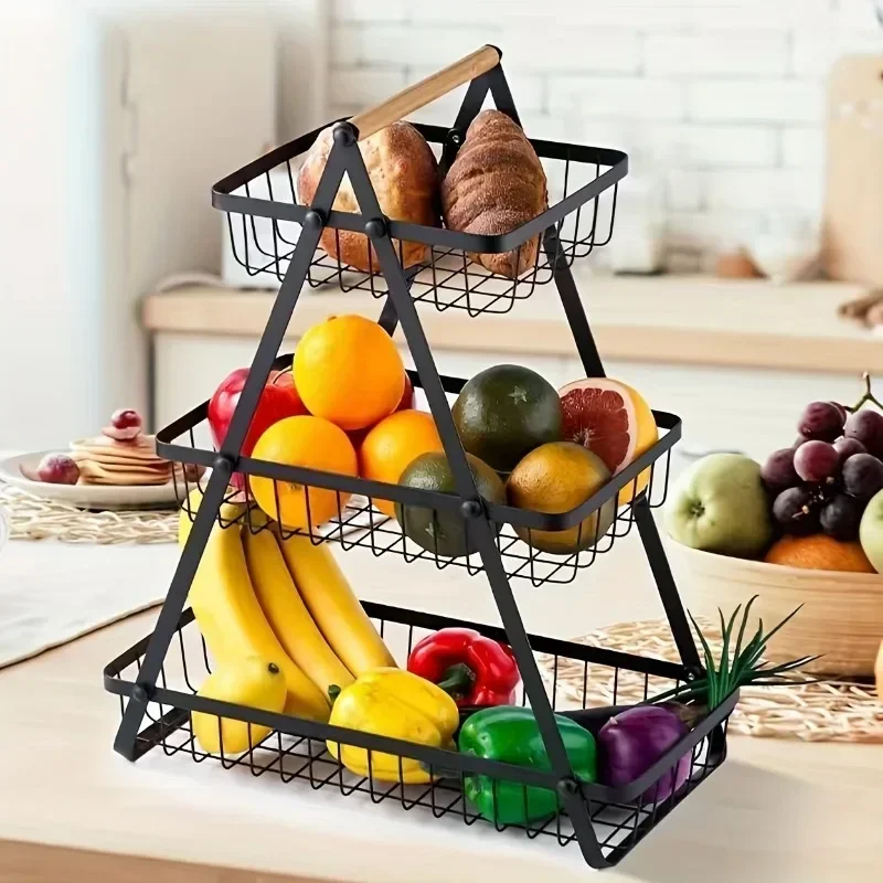 Countertop Fruit Vegetable Basket Removable Kitchen Organizer Shelf with Wooden Handle Bathroom Cosmetic Stand Storage Holder