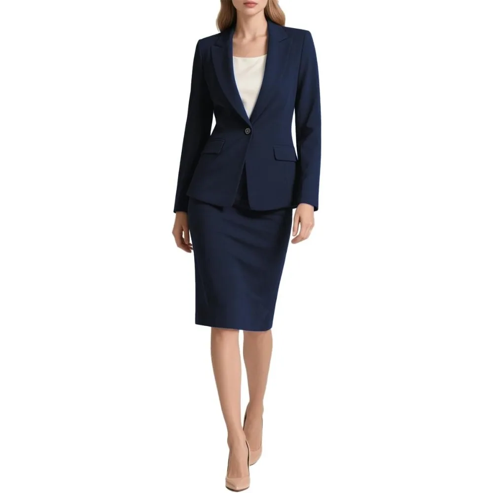 

Navy Blue Tailored Blazer & Pencil Skirt Set, Professional Style for Office & Formal Occasions