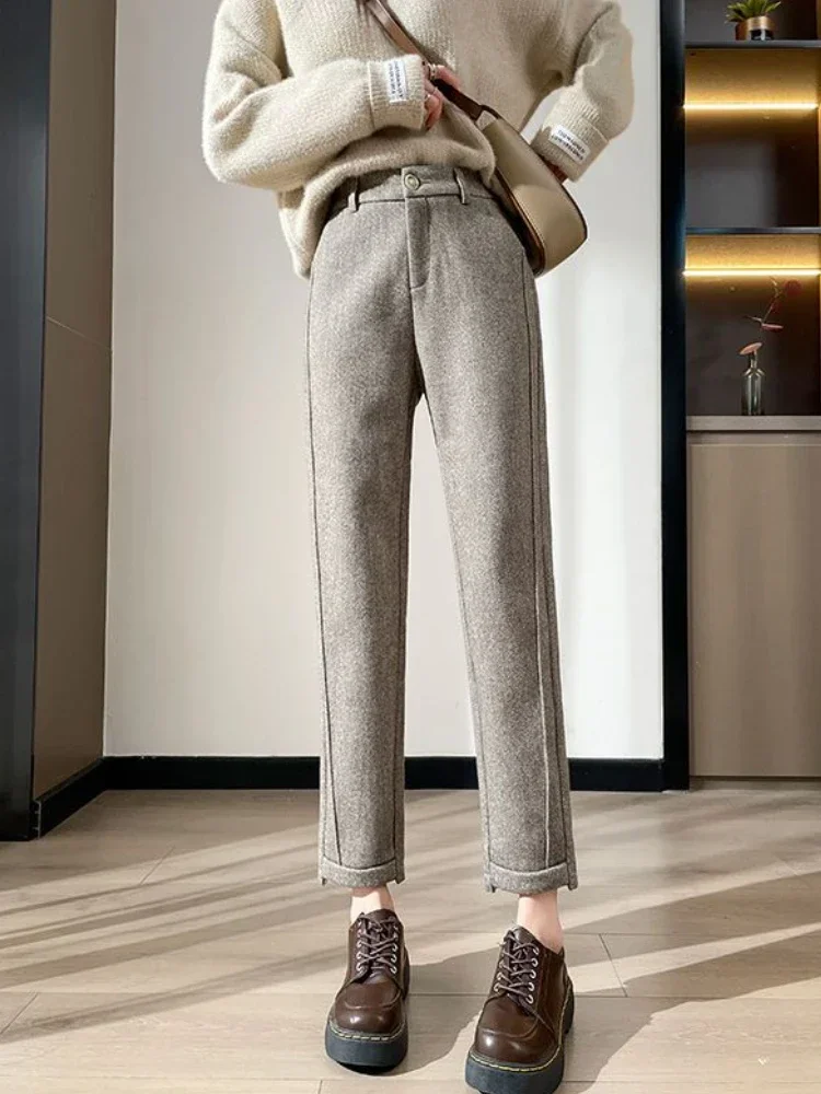 High-waisted Tweed Straight Pants 2025 Autumn/Winter New Women' S Pants Loose Casual Herringbone Warm Thickened Cropped Pants