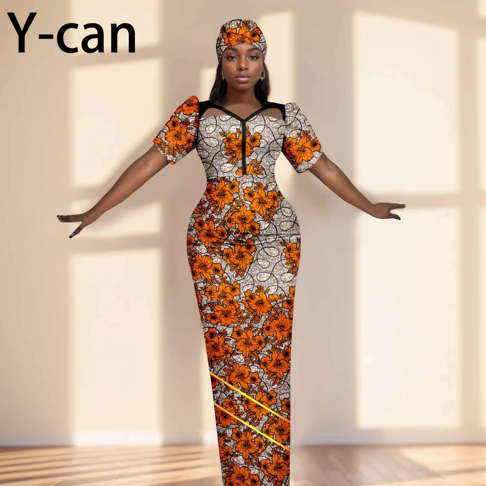 Party Gown African Dresses for Women Slim Fit Short Sleeve Dress Evening Vestidos with Headwrap Dashiki Ankara Print 2525071