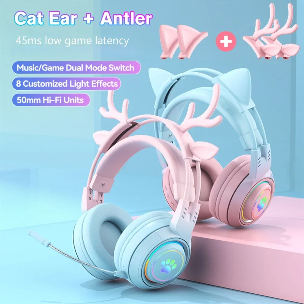 

Cute Antlers/Cat Ear Wireless Bluetooth Headphone Gamer Earphone Gaming Headset With RGB Light For Child Kid Cute Girl Gifts