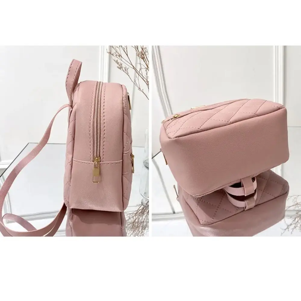 Mini Lingge Embroidery Small Backpack Fashion Solid Color Zipper Women Shoulder Bag Large Capacity PU Leather Travel Rucksack