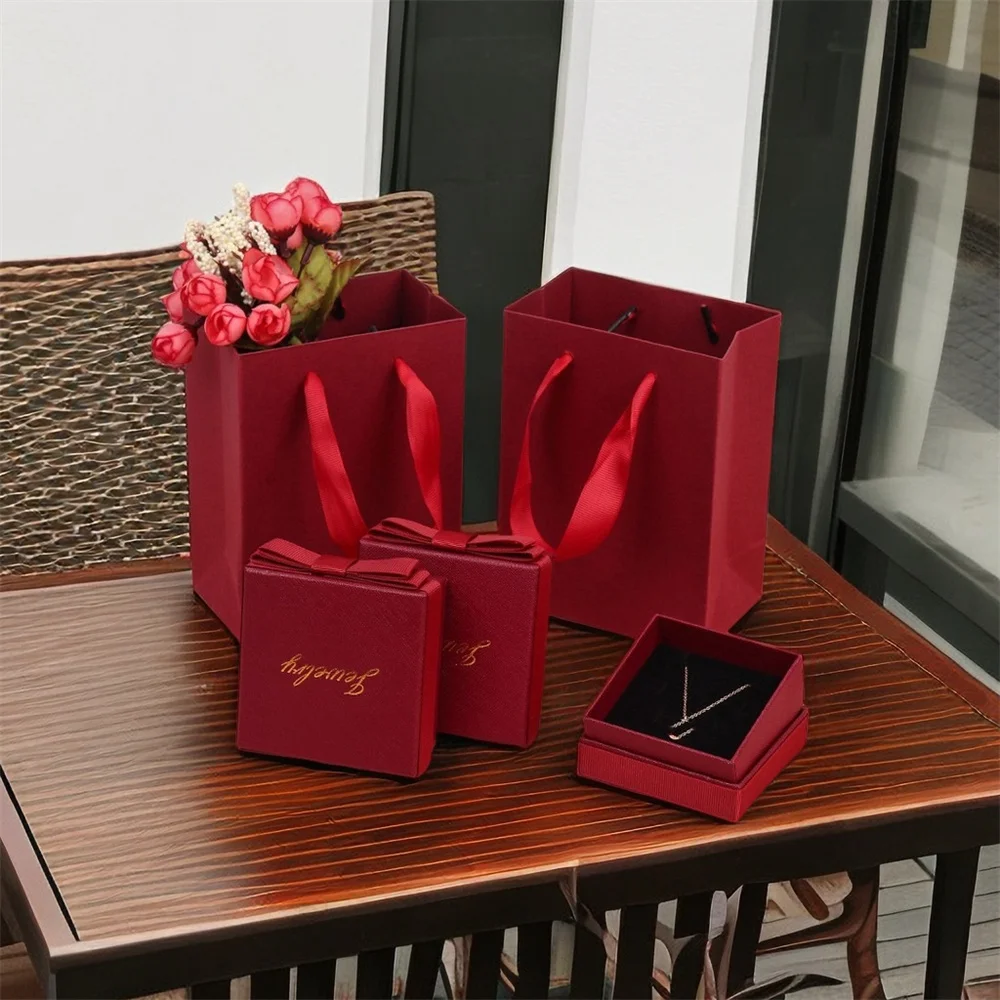

Square Bow Jewelry Box Ring Necklace Earrings Organizer Storage Box Paper Jewelry Display Case Wedding Gift Packaging Boxes