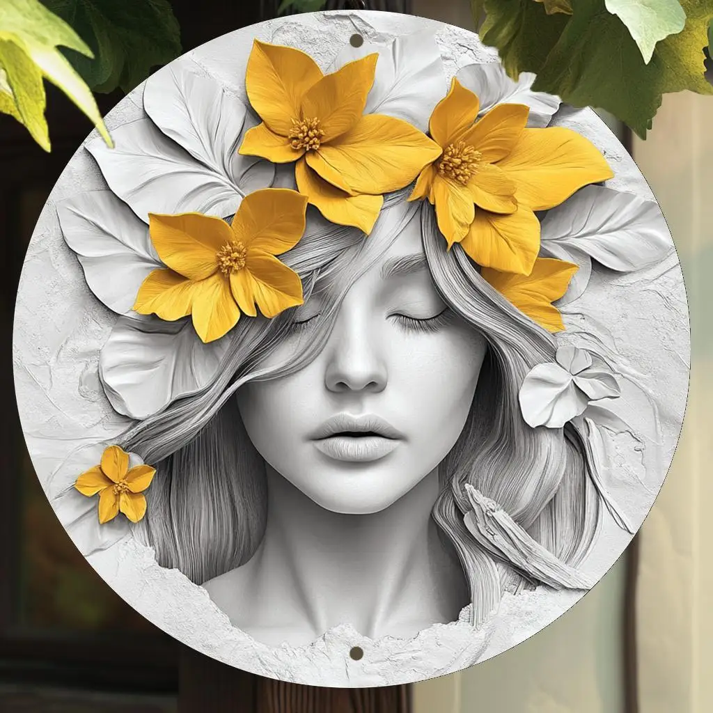 2D flach, 1 Stück Vintage-Blumenmädchen mit gelben Blumen, rundes Aluminium-Wandkunstschild – 20,3 x 20,3 cm, langlebiges Metalldekor für Zuhause, Büro