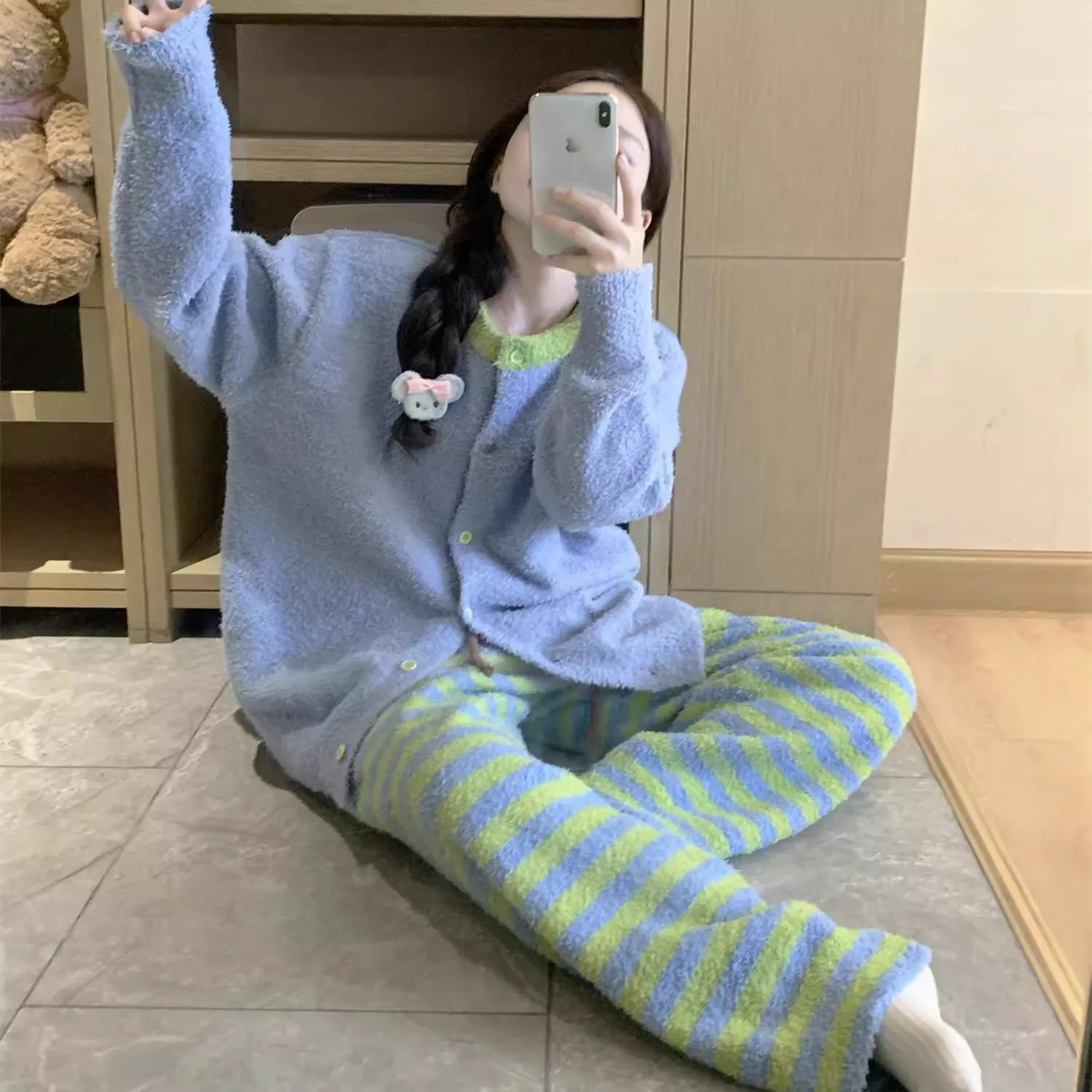 

Winter Pajamas Set for Women Warm Fleece Thickened Loungewear Nightclothes Set Girls Comfortable Pink Cartoon Sleepwear