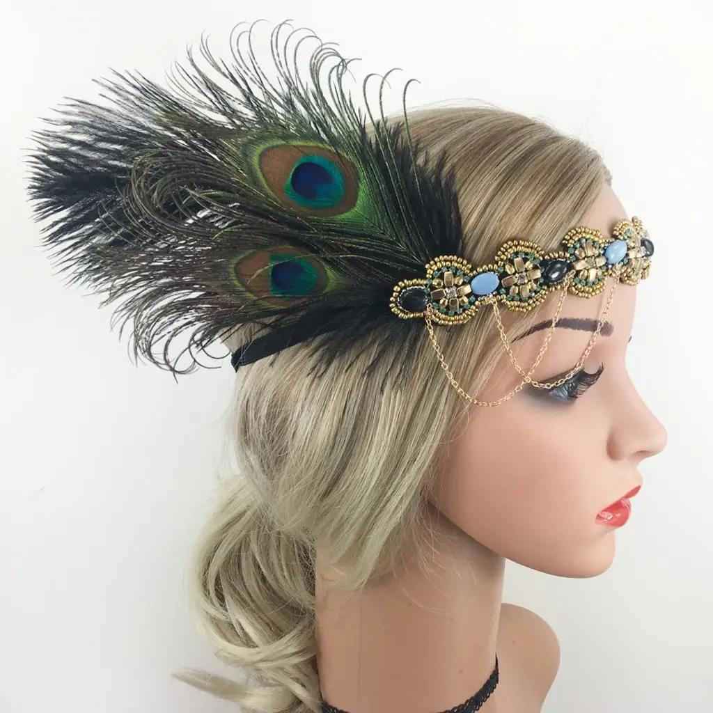 Women Feather Headband 20s Beaded Fascinator Headpiece Bridal Prom Headwear