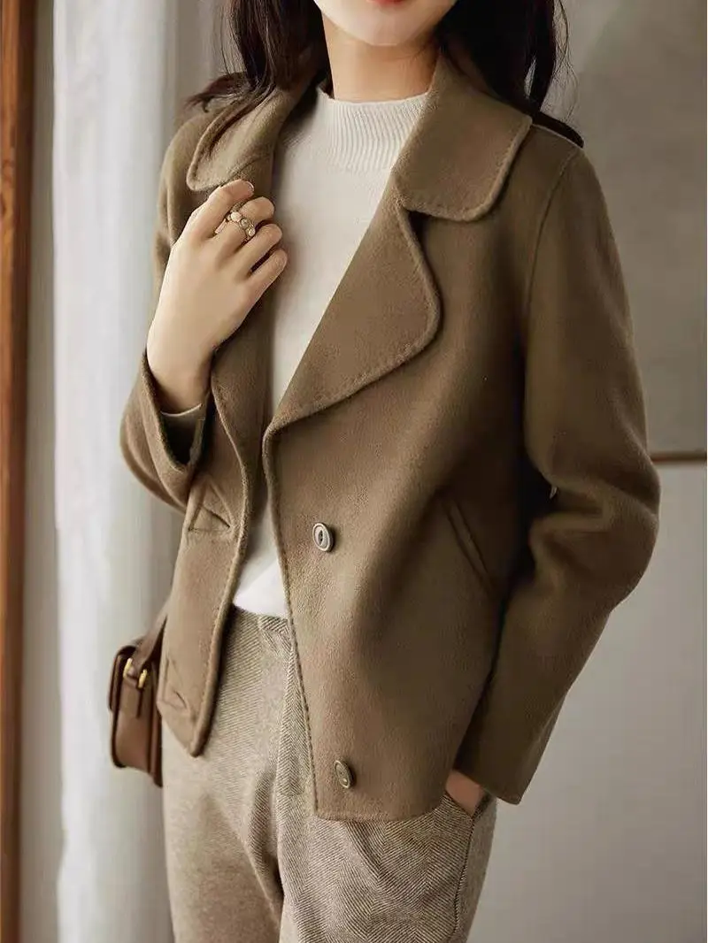 

Wool Blend Coats Womens Woolen Coat Crafted Beige Fall Flannel Ribbed Appliques Colorful Quilted Buttoned Pleated Cropped Casual