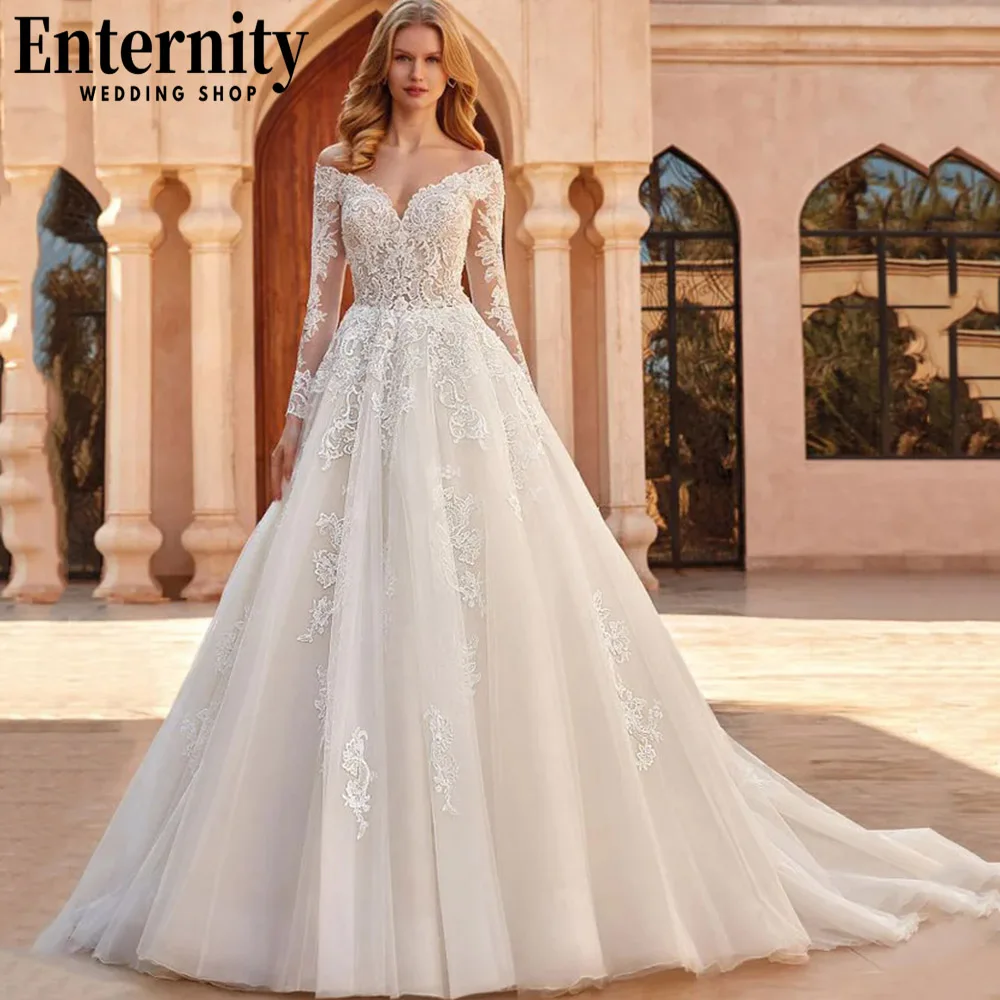 Vestido De Novia De princesa De manga larga con cuello en V, traje De Novia con Apliques De encaje, línea A, cremallera trasera, tren De corte