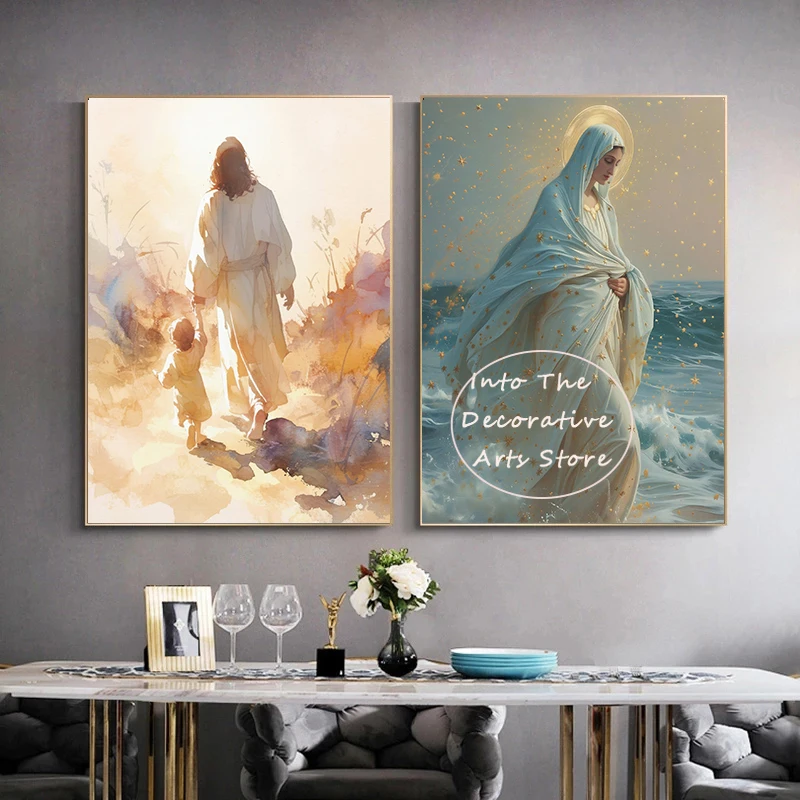 Watercolor Art Our Lady of Fátima Heart Poster and Print Jesus Bible Christian Faith Canvas Painting for Living Room Home Decor