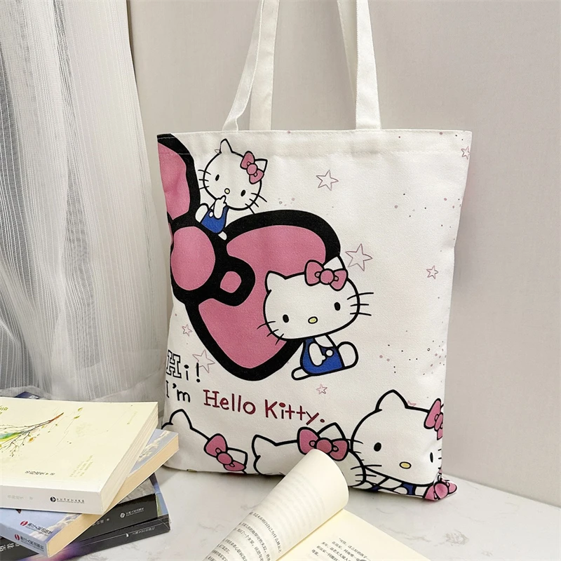 Sanrio Hello Kitty Kawaii Canvas Bag Cute Women Anime Large Capacity Student Handbag Cartoon Shoulder Shopping Bags Girls Female