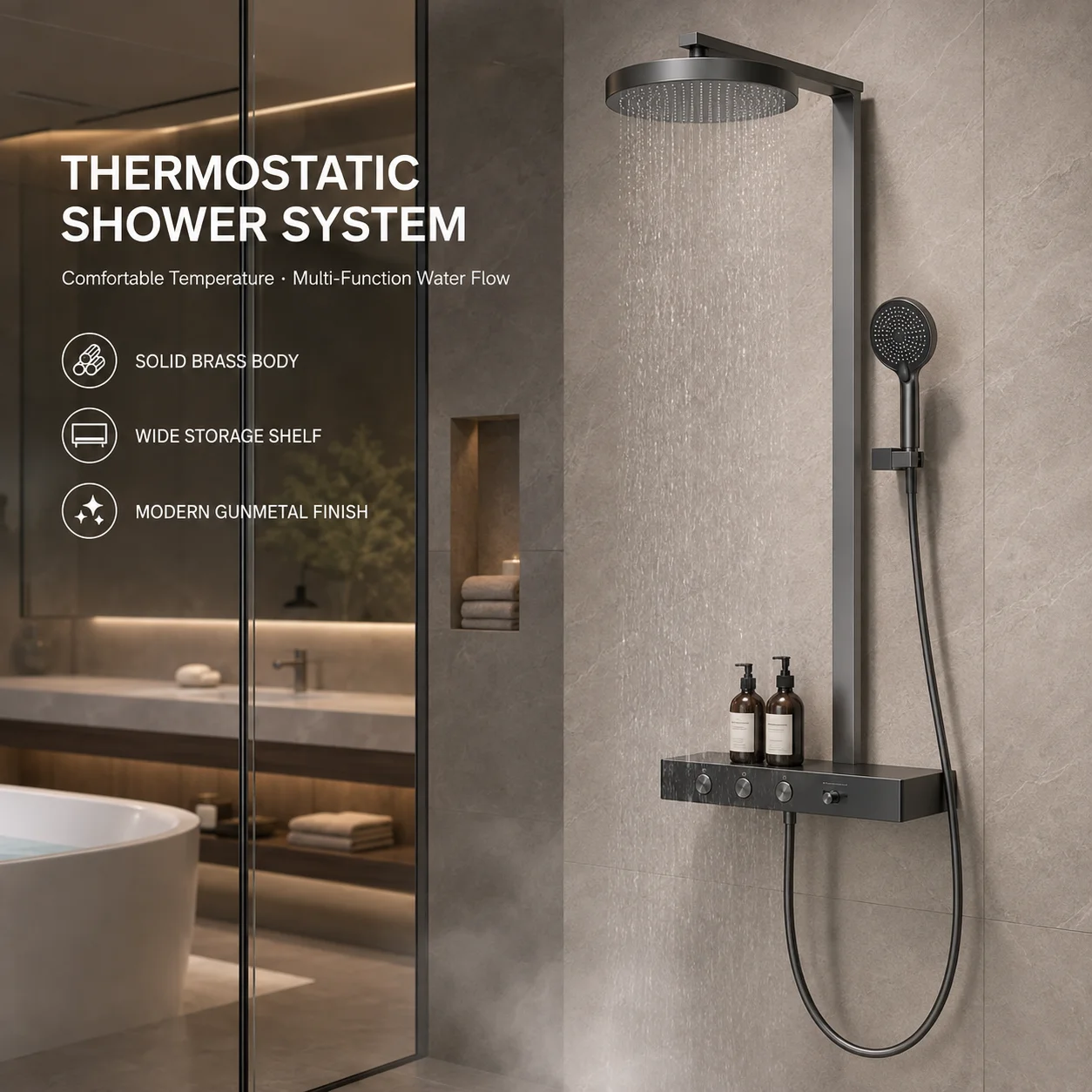 Luxury Copper Wall Mounted Complete Bathroom Rain Shower Head Chrome Thermostat Single Handle Piano Rainfall Bath Shower Set