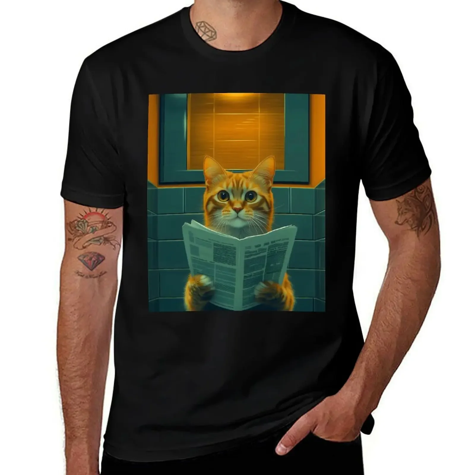 

Animal Toilet Ginger Cat Reading Paper Bathroom Humor Bright Light Scene T-Shirt tops man clothes workout shirts for men