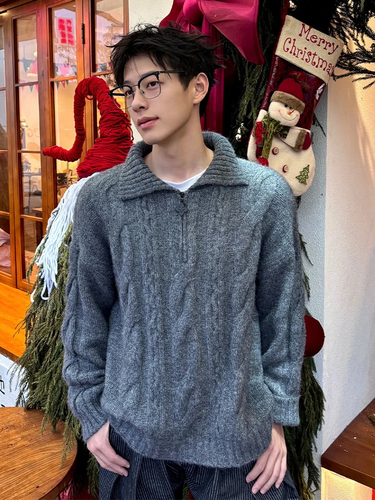 

Мужской утепленный свитер в американском ретро-стиле с молнией, свободного кроя, с длинными рукавами, для зимы