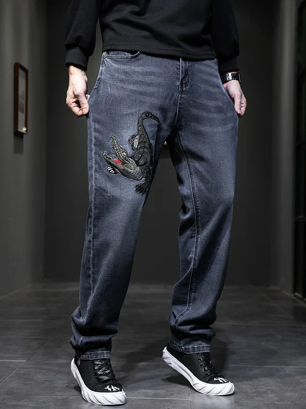 

Men's Loose Straight Leg Jeans Embroidered Crocodile Pattern mid Waist Zipper Fly Winter Faion Casual Cotton Denim Pants