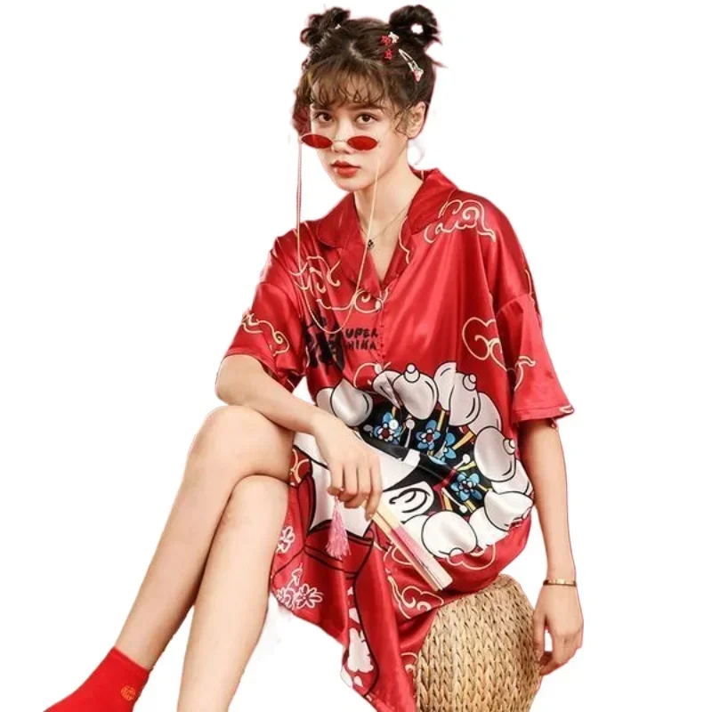 Summer Imitation Silk Short-sleeved  Long Retro Loose Home Wear National Trend Peking Opera Nightgown New Ice Silk Pajamas Women