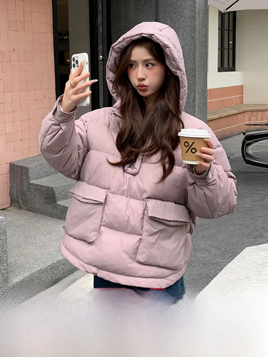 Faionable Quilted Hooded Jaet Women's ort Sle Winter Coat with Big Ba ket Design Trendy Outerwear for Young Women