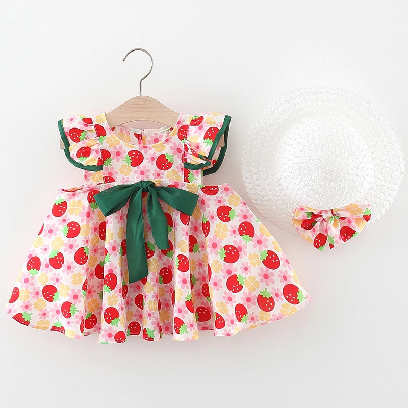 

2Piece Summer Toddler Girl Clothes Korean Cute Strawberry Sleeveless Cotton Baby Beach Dress+Sunhat Newborn Dresses Set BC2381