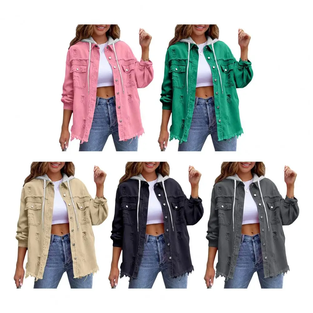 

Women's Fashion Casual Ripped Distressed Denim Jacket Boyfriend Jean Coat Long Sleeve Button Down Trucker Jacket Outerwear